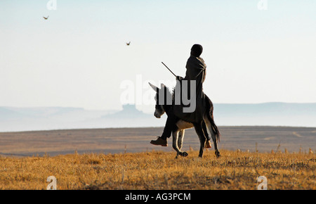 Basotho Mann in Decke gehüllt draußen klirrend kalt Wetter in Lesotho, Afrika zu halten; Reiten Donkeynear Maluti Mountains. Stockfoto