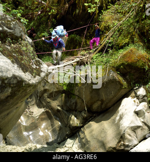 Träger im Dschungel überqueren einen Torrent auf das Myagdi Tal Nepal Himalaya Asia Stockfoto