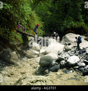 Träger im Dschungel am Myagdi Tal Nepal Himalaya überqueren einen Torrent Asien Stockfoto