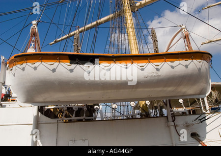 Rettungsboot und Takelage auf dem dar Pomorza Museumsschiff Gdynia. Details zum historischen Rettungsboot und Masten auf der berühmten polnischen Segelfregatte. Stockfoto