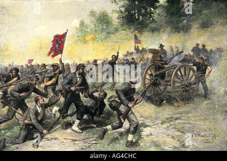 Konföderierten Angriffs auf Little Round Top vom 20. Maine Regiment in der Schlacht von Gettysburg 1863 statt. Handcolorierte halftone einer Abbildung Stockfoto