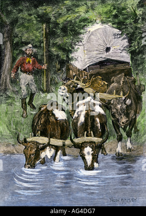 Durstige Rinder finden Wasser auf dem Trail West, 1800. Hand - farbige Holzschnitt von Frederic Remington Abbildung Stockfoto