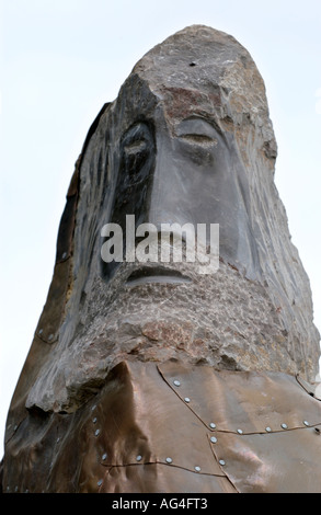 Holzschnitzerei basiert auf der Legende von König Arthur produziert im Rahmen von Caerleon Arts Festival Gwent South Wales UK Stockfoto