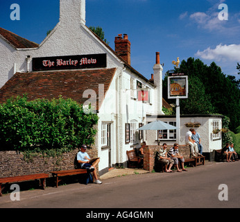 Menschen einen Drink außerhalb der Gerste Mähen Gastwirtschaft Tilford, Farnham, Surrey, England, UK. Stockfoto