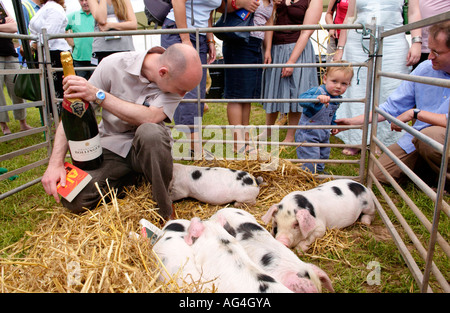 Christopher Brookmyre abgebildet mit Champagner und Gloucester alten Stelle Schweine bei The Guardian Hay Festival 2006 Stockfoto