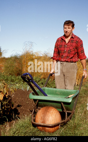 Pensionierter Mann mit Schubkarre im Garten oder Zuteilung Stockfoto