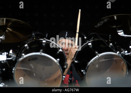 Dave Lombardo, Slayer, Thrash-Metal-Band aus den USA. Download Rock Festival in Donnington Park, Leicestershire, Tom Araya Gesang, Jeff Hanneman Gitarre, Kerry King Gitarre, (Glatze), Dave Lombardo trommelt, 8. 10. Juni 2007 Stockfoto