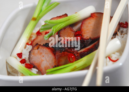 Eine Schale mit kantonesischen chinesischen Char Siu Schweinefleisch und Frühlingszwiebeln auf Reis. Stockfoto