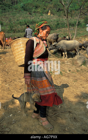 Vietnam kann Cau Frau der Flower Hmong Hill Tribe mit Hund zum Verkauf Stockfoto