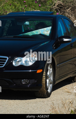 Frau liest Karte im Auto Stockfoto