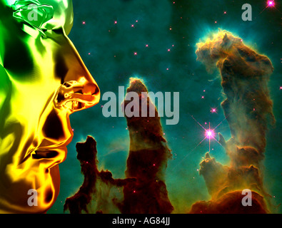 computergenerierte männlichen Roboter Gesicht zusammengesetztes Bild der Spalten der interstellaren Wasserstoffgas und Staub im Weltraum Stockfoto