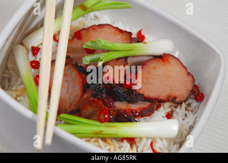 Eine Schale mit kantonesischen chinesischen Char Siu Schweinefleisch und Frühlingszwiebeln auf Reis. Stockfoto