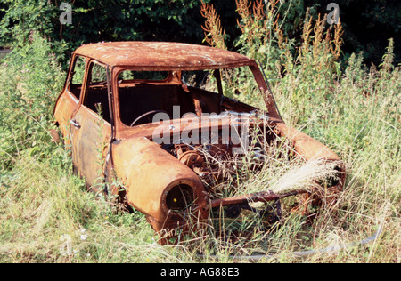 Gestohlenes Auto im Feld geworfen ausgebrannt Stockfoto