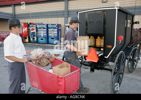 Nappanee Indiana, Amish Teenager, Teenager, Jugendliche, Jungen Jungen, männliche Kinder Kinder Kinder Jugendliche, Brüder, Lebensmittel, Buggy, Hüte, IN070827113 Stockfoto