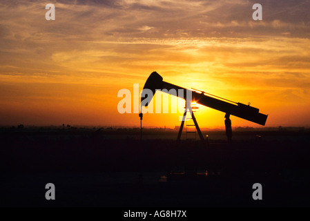 Oil Derrick Pumpen bei Sonnenuntergang in Bakersfield, Kalifornien Stockfoto