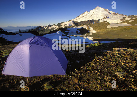 Rucksacktouristen Zelt unter Mt Baker an einem klaren Morgen North Cascades Cascade Mountains Washington Stockfoto