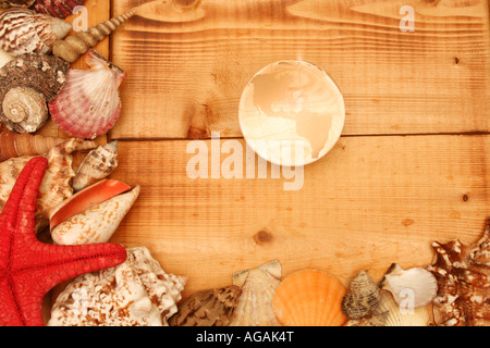 Glaskugel auf Holz zwischen Schalen Stockfoto