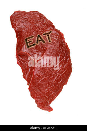Essen Sie, Fleisch, rohes Steak, gedruckte Wort, Stockfoto