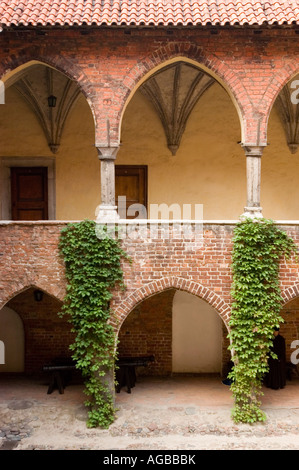Innenhof des Schlosses der Ermnischen Bischöfe in Lidzbark Warmiski, Polen, mit gotischen Backsteinbögen und Efeu-bedeckten Steinsäulen in einer historischen Umgebung. Stockfoto