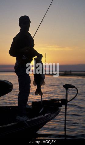 Angeln Angeln Sonnenaufgang Sonnenuntergang Fischer Silhouette mit Rute und Trophäe Forellenbarsch Stockfoto