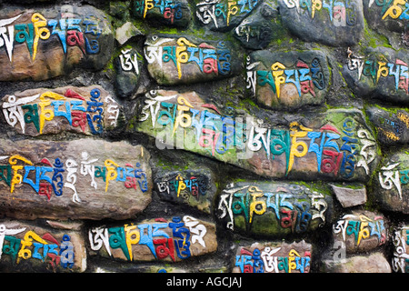 Tibetischen Buchstaben Mantra Om Mani Padme Hum sehnte sich in Steinen. Swayambhu Stupa, Kathmandu, Nepal Stockfoto