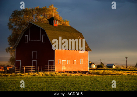 Scheune bei Sonnenuntergang in der Nähe von Burley, Idaho. Stockfoto