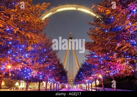 Das British Airways London Eye Riesenrad am Nordufer der Themse bei Nacht durch eine Allee von Bäumen angesehen Stockfoto