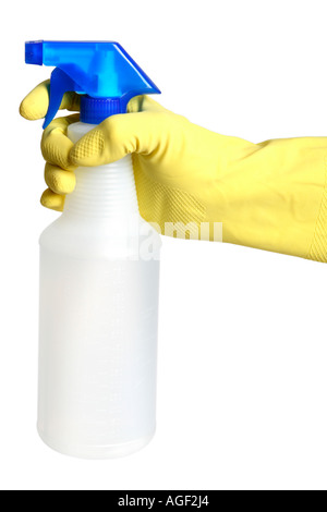 Handreiniger in Rubber Glove Holding Haushalt Stockfoto