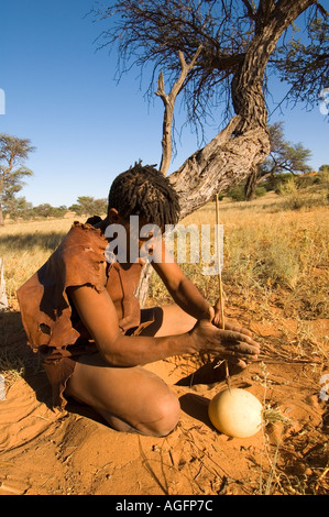 Afrikanische Buschmann vergräbt Straußenei für später mit Wasser gefüllt Stockfoto