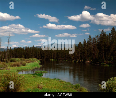 Deschutes River fließt ruhig durch eine Wiese in der Nähe von Sun River in Zentral-Oregon Stockfoto