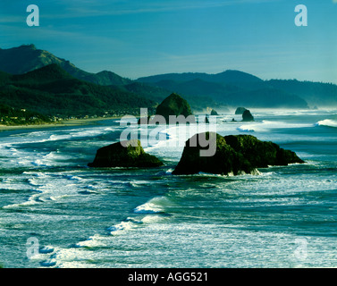 Nördlichen Oregon Küste in Cannon Beach gesehen vom Ecola State Park, wo Seastacks das Meer inmitten riesiger Winter Wurf, Surfen Stockfoto