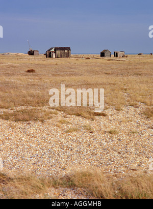 Alte hölzerne Schuppen und Boot auf ein Kies-Strand, Dungeness, Kent, England, UK Stockfoto