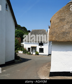 Malerische strohgedeckten Hütten im Inneren Hoffnung Weiler, Devon, England, UK, GB Stockfoto