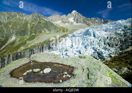 die Schnauze von Argentiere Gletscher, Chamonix, Frankreich, schnell aufgrund der globalen Erwärmung schmelzen Stockfoto