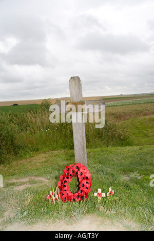 Gedenkstätte Kreuz zu privaten George Nugent, Tyneside schottischen Northumberland Fusiliers, Lochnagar Crater, Somme, Frankreich Stockfoto