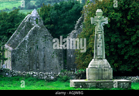 12. C. Saint Tola keltischen christlichen hohe Kreuz steht vor mittelalterliche Klosterkirche in Dysert O'Dea, County Clare, Irland. Stockfoto