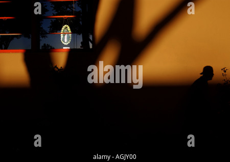 Schatten des Baumes und Mann mit Baseball-Kappe auf einer Adobe-Wand mit einer Jungfrau von Guadalupe Glasmalerei Dekoration im Fenster Stockfoto