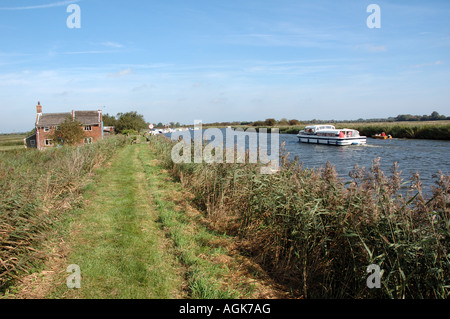 Broads Kreuzer auf dem Fluss Bure nahe Acle, Norfolk Broads National Park Stockfoto