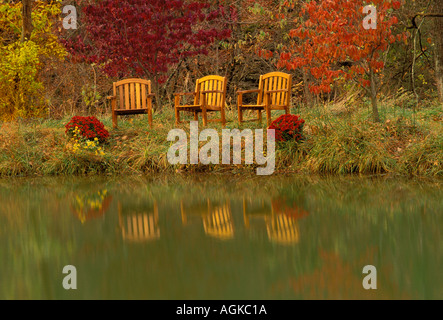 Holzstühle im See mit Chrysanthemen und Herbst Bäume, Missouri USA widerspiegelt Stockfoto