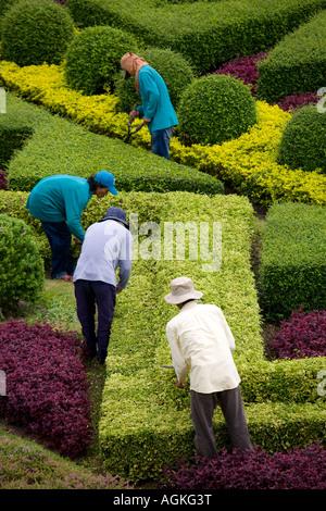 Flora und Fauna & hohe Sichtbarkeit Gärtner Gartenarbeit an Suan Nong Nooch oder Nong Nooch Tropical Botanical Garden Resort, Pattaya, Thailand, Asien, Stockfoto