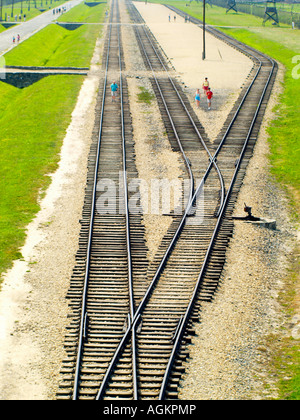 Scheinbar endlose Eisenbahnlinien führt in das Konzentrationslager Auschwitz-Birkenau außerhalb von Krakau, Polen Stockfoto