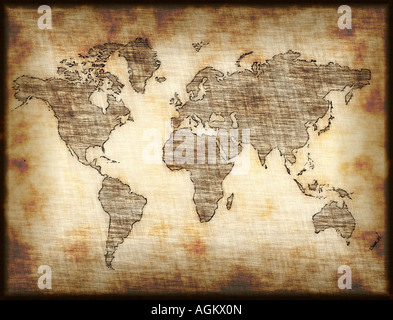Karte von Welt auf alten fleckige Papier oder Stoff gezeichnet Stockfoto