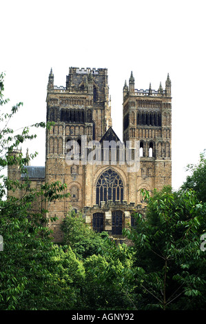 Die Westfassade durch die Bäume Durham Kathedrale England Großbritannien Großbritannien Großbritannien GB Europa Stockfoto