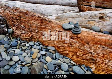 Felsen gestapelt auf einem Protokoll an einem Strand auf der Olympic Halbinsel, Washington, USA. Stockfoto