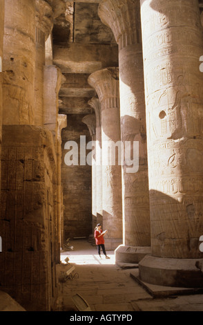 Ägypten, Edfu innerhalb der Tempel des Horus, graviert Säulen in der äußeren Säulenhalle Stockfoto