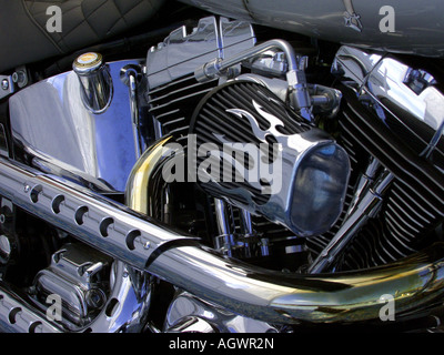 Nahaufnahme von Harley Davidson Motorrad-Motor Stockfoto