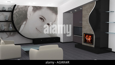 Modernes Wohnzimmer mit Kamin Stockfoto