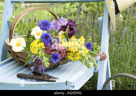 Traditionelle englische Sommergarten-Szene mit Schnittblumen in Trug auf Gartenbank Stockfoto