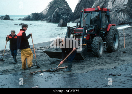 Clearing-Strände nach Tanker spill Bigbury am Meer UK Stockfoto