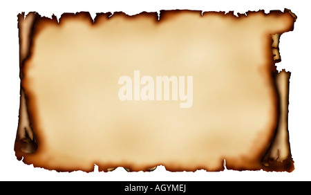 Altes Stück Pergament mit zerrissenen verbrannten Ränder Stockfoto